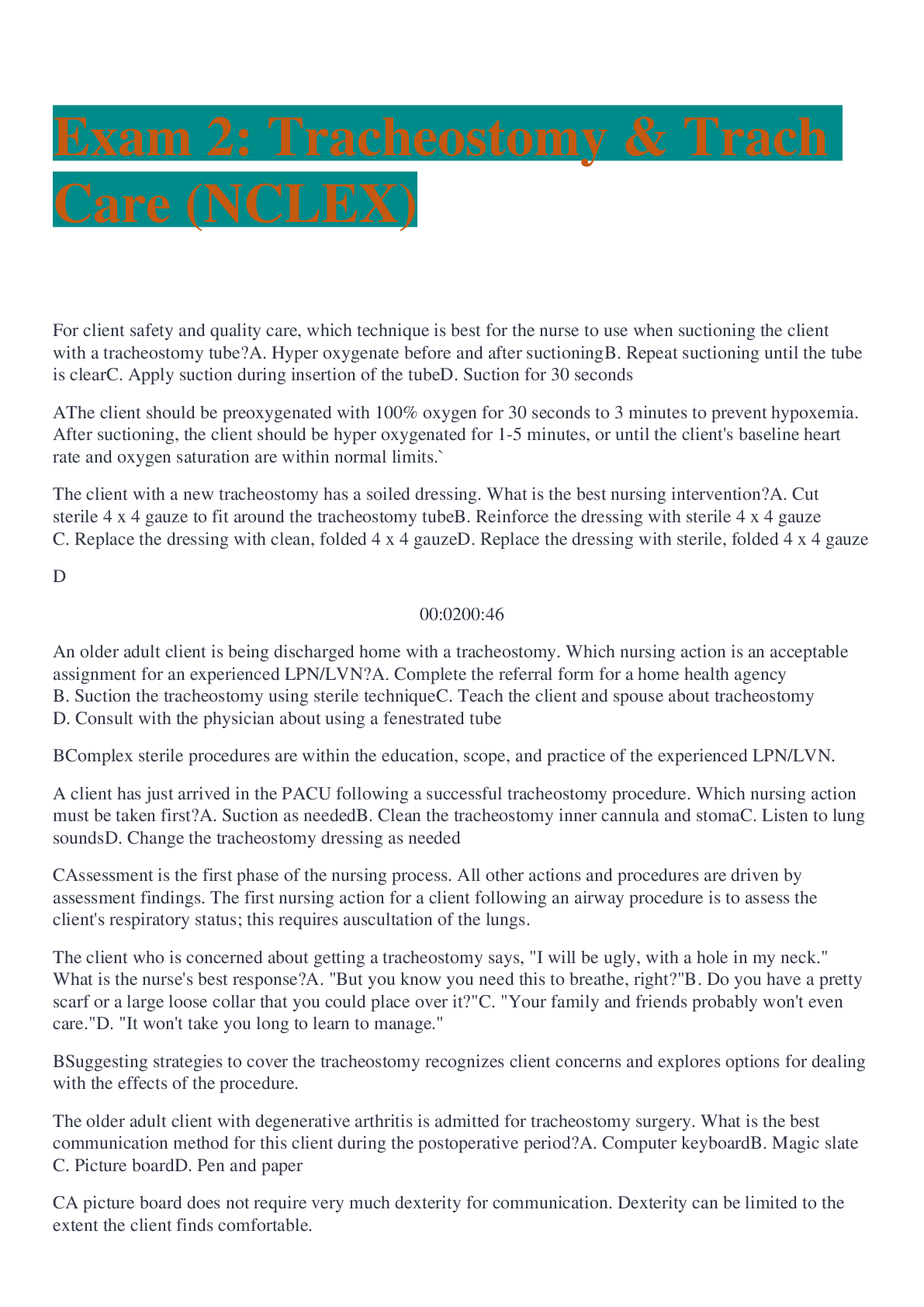 Exam 2 Tracheostomy & Trach Care (NCLEX)2022 Questions And Answers